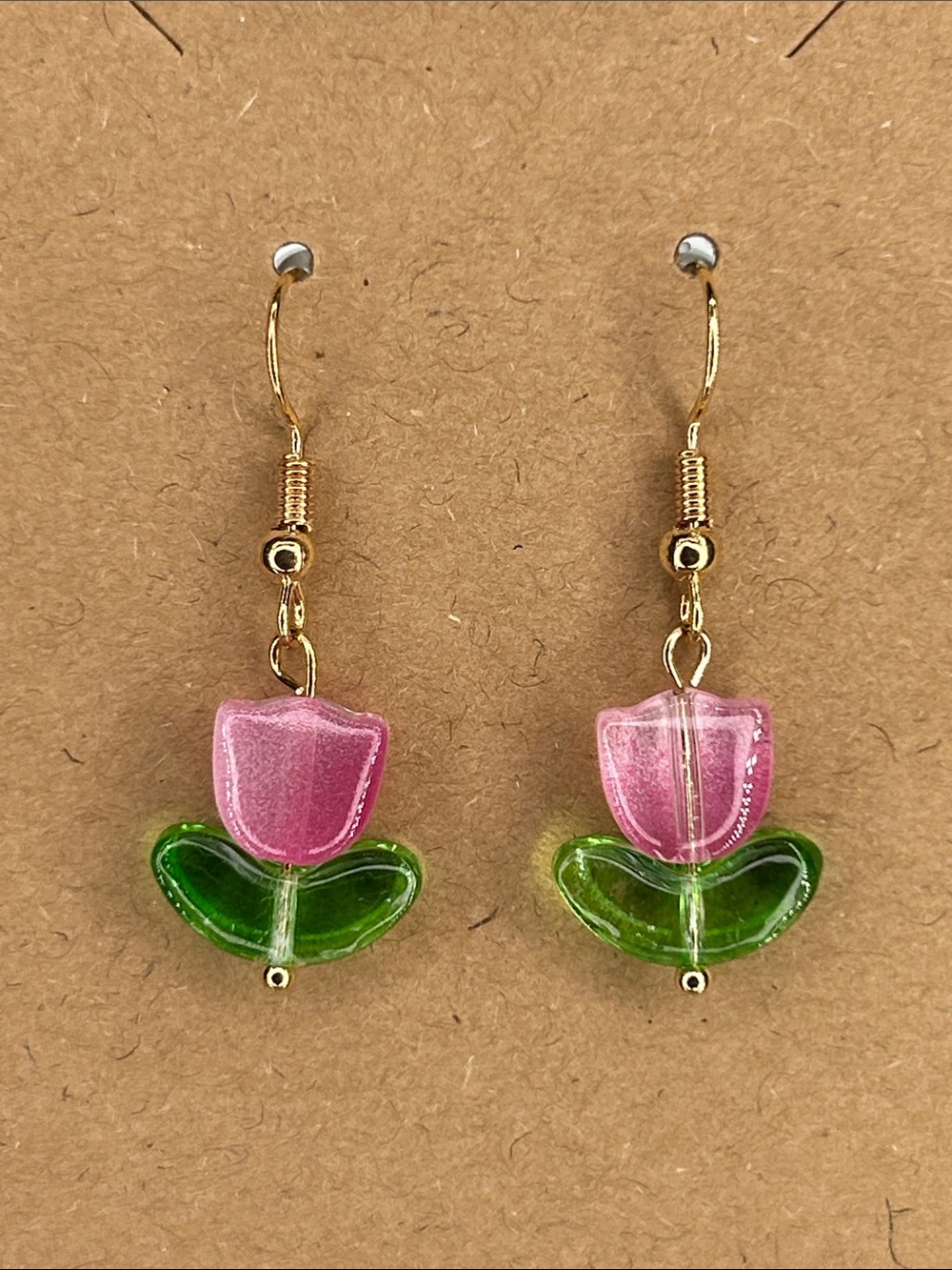 Pink Tulip Glass Drop Earrings with Green Leaves Fashion Jewelry